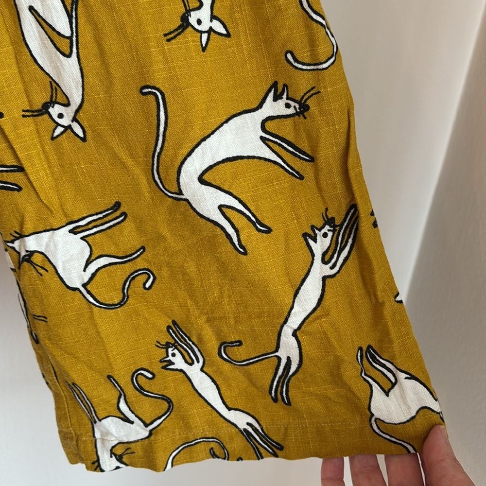 ModCloth Women’s cropped Mustard Cat novelty Print linen blend Pants size 2 EUC! - Picture 7 of 15